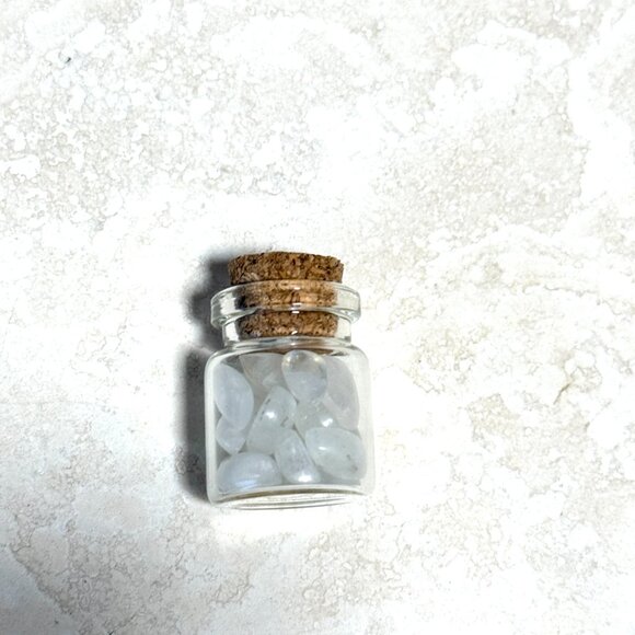 2/$20, Small Glass Bottle w/ Tiny Genuine Rainbow Moonstone Cabochons - Picture 2 of 6